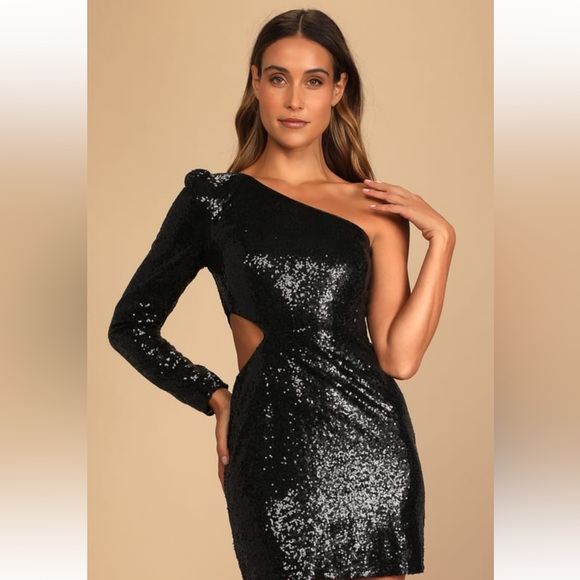 Lulus Total Diva Black Sequin One-Shoulder Bodycon Mini Dress - Picture 3 of 4